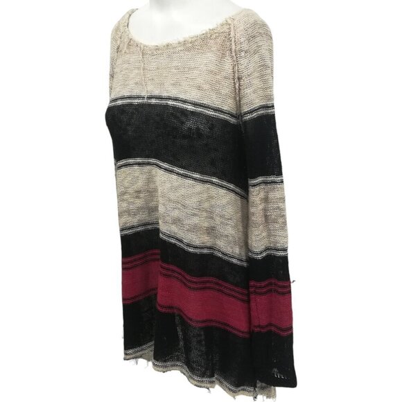 Free People Open Knit Tunic Hi Low Sweater Size S Striped Boho Bohemian Beige - Picture 1 of 15
